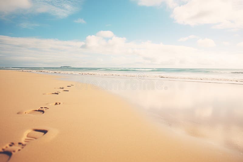 footprints on a sandy beach with waves approaching, created with generative ai AI generated