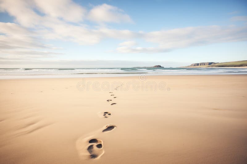 footprints on a sandy beach with waves approaching, created with generative ai AI generated