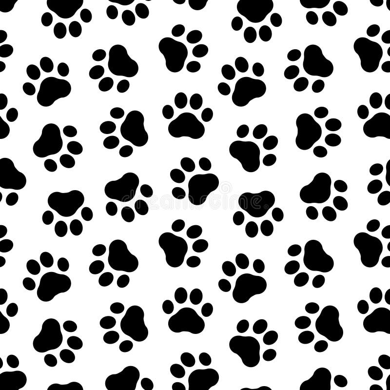 Footprints seamless pattern. Pet prints. Paw cute background for pets dog, cat. Foot puppy. Black shape pawprints. Footprint. Anim stock illustration