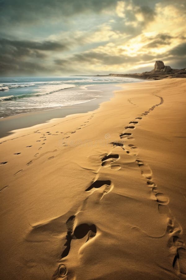 footprints trailing off into the distance on a sandy beach, created with generative ai