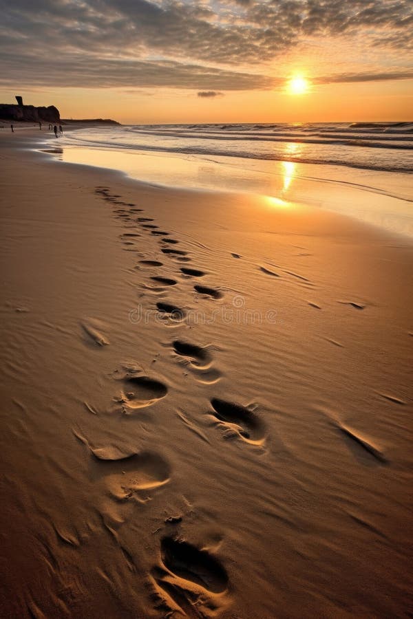 footprints trailing off into the distance on a sandy beach, created with generative ai