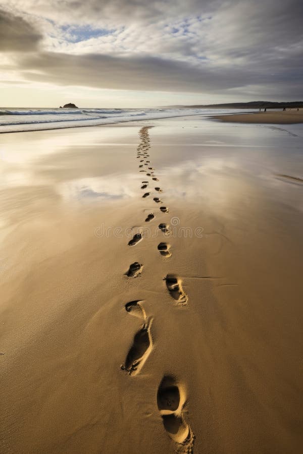 footprints trailing off into the distance on a sandy beach, created with generative ai