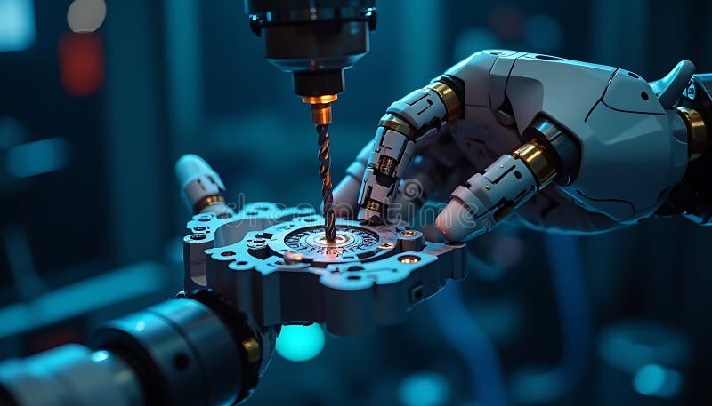 Foratura a braccio di robot di un componente metallico in un processo di fabbricazione illustrazione di stock