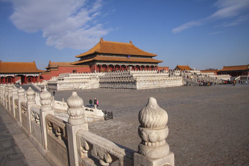 The forbidden city in Beijing, China. Chinese imperial palace from the Ming Dynasty. View over the Harmony Square with the Hall of stock photo The forbidden city in Beijing, China. Chinese imperial palace from the Ming Dynasty. View over the Harmony Square with the Hall of stock photo