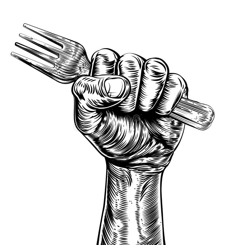 An original design of a fist holding a fork in a vintage woodcut style. An original design of a fist holding a fork in a vintage woodcut style