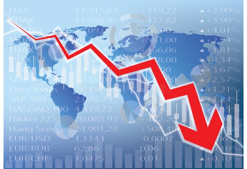 Stock market crash illustration - red arrow down, world map. Stock market crash illustration - red arrow down, world map