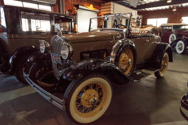 El Segundo, CA, USA - September 26, 2016: 1931 Ford Model A Roadster with a quail hood ornament displayed at the Automobile Driving Museum in El Segundo, California, United States. Editorial use only.