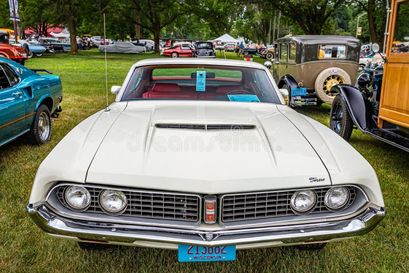 Iola, WI - July 07, 2022: High perspective front view of a 1971 Ford Torino GT 429 Cobra Jet at a local car show