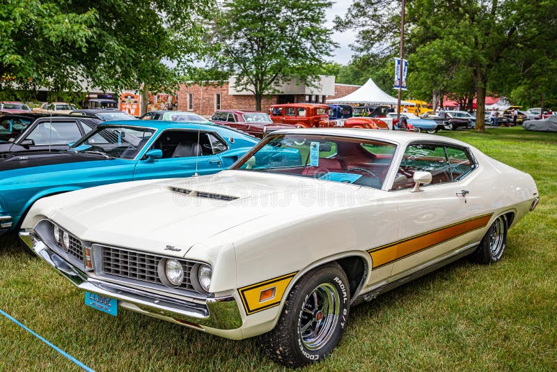 Iola, WI - July 07, 2022: High perspective front corner view of a 1971 Ford Torino GT 429 Cobra Jet at a local car show