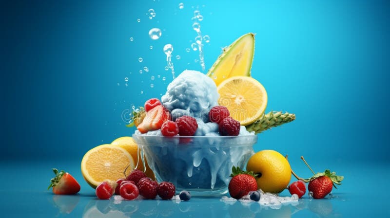 Blue backdrop with fruit and ice cream stock illustration