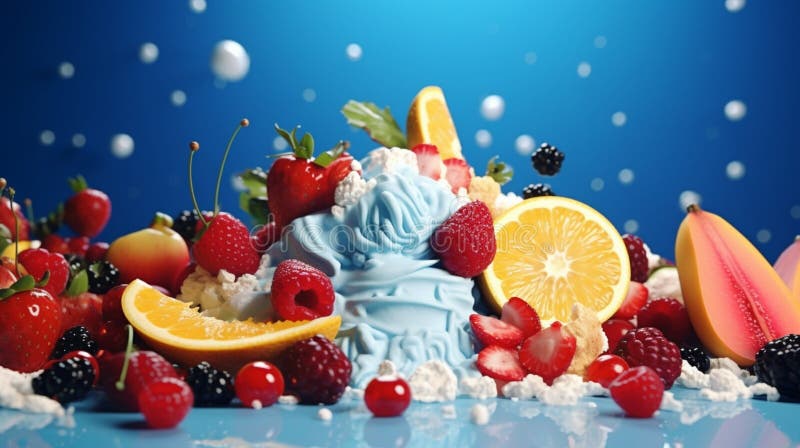 Blue backdrop with fruit and ice cream stock illustration