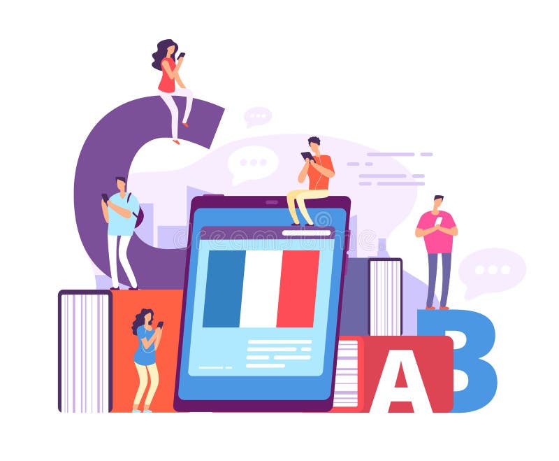 Foreign language online learning. People with smartphones studying french with online teacher. Education vector concept stock illustration Foreign language online learning. People with smartphones studying french with online teacher. Education vector concept stock illustration