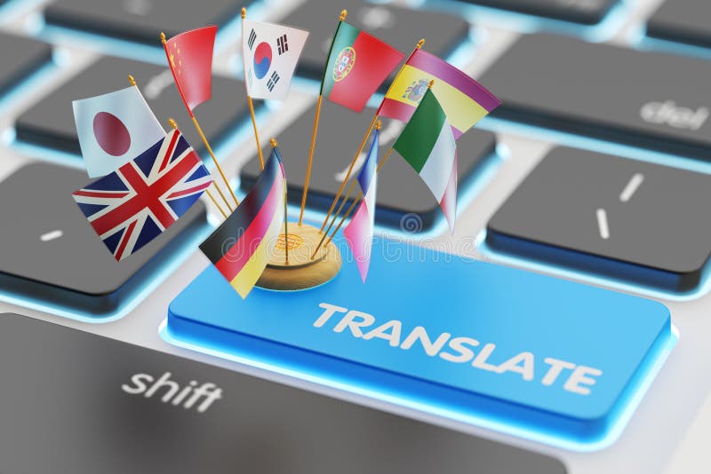 Foreign languages translation concept, online translator. Macro view of computer keyboard with national flags of world countries on blue translate button