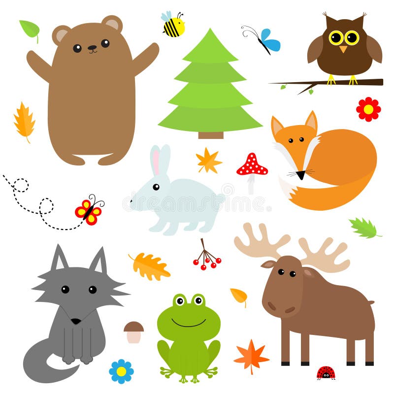 Forest Animal Insect Set. Bear Hare Fox Moose Owl Ladybug Stock Vector ...