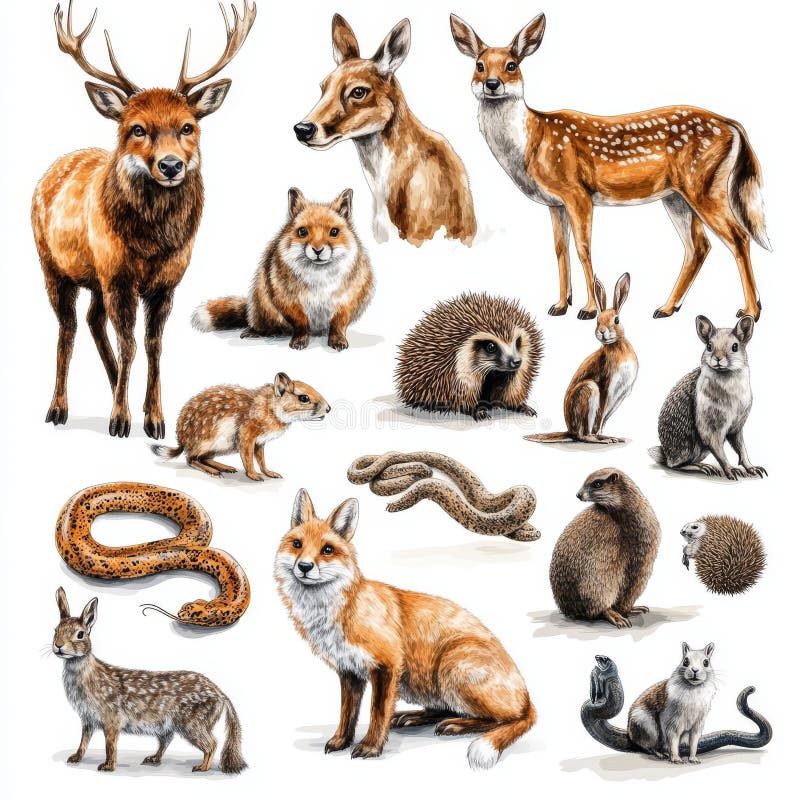 Forest animals and birds collection. Wildlife illustrations. Hand-drawn set of natural wild forest creatures. Includes bear, fox, wolf, rabbit, squirrel, deer, robin bird, mushroom, and owl elements. Bear badger stock images, royalty-free photos and pictures