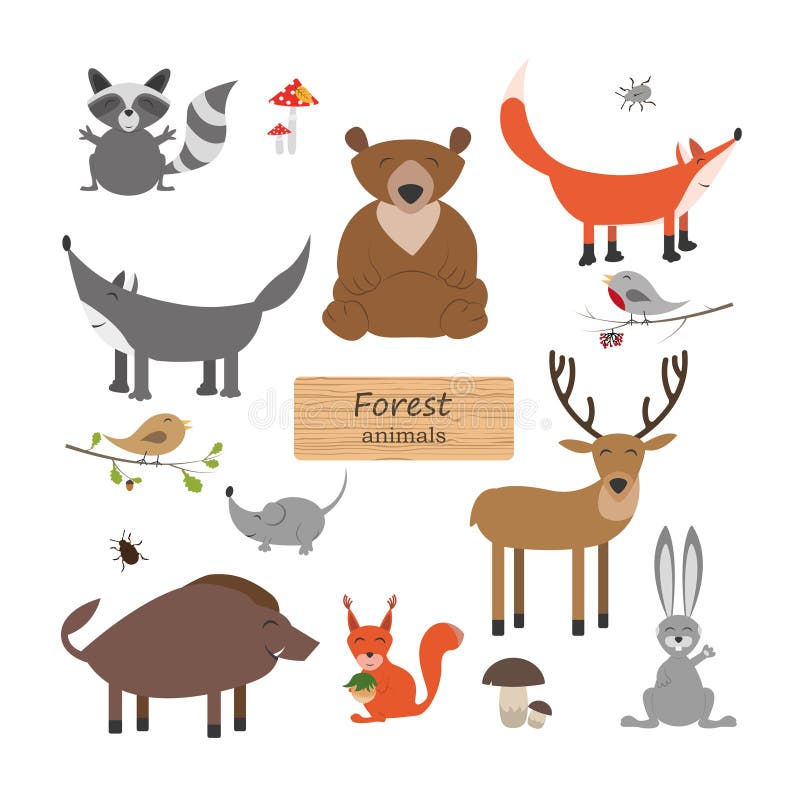 Forest Animals in Cartoon Style on White Background. Forest Animals Set ...