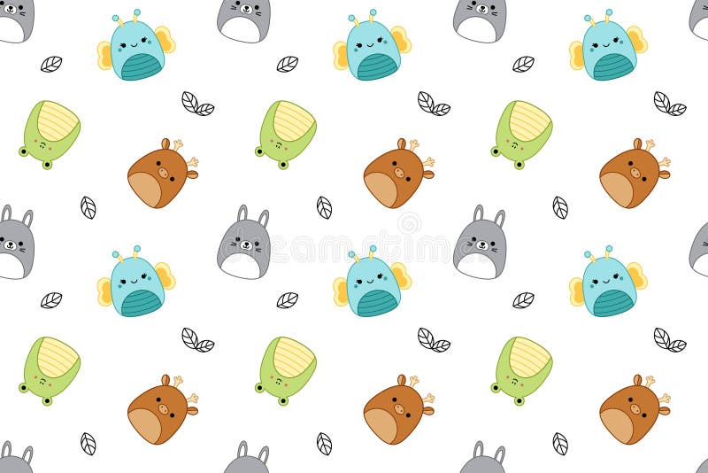 Forest Animals on Seamless Pattern. Squishmallows. Hare Frog Deer ...