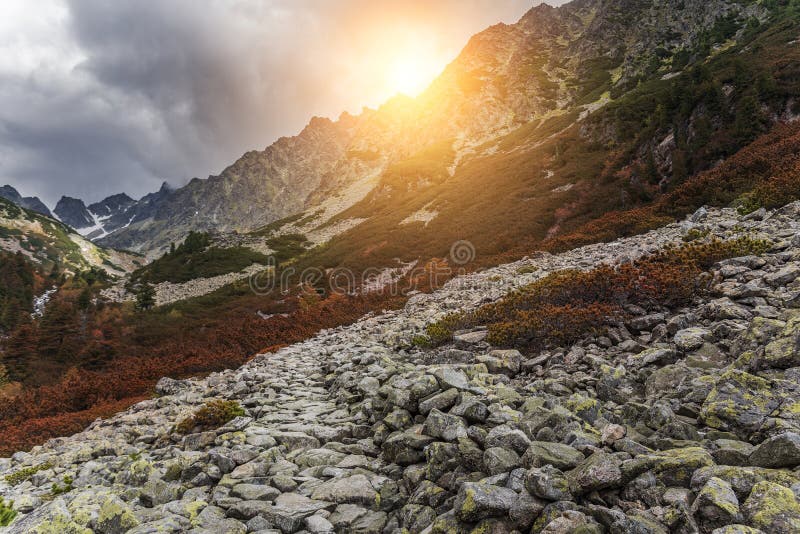 Lesní podzimní krajina v horách. Vysoké Tatry.