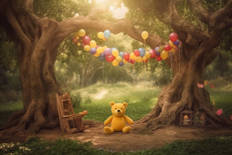 Forest background with sunlight, yellow and red balloons, fairy tale full, bear party