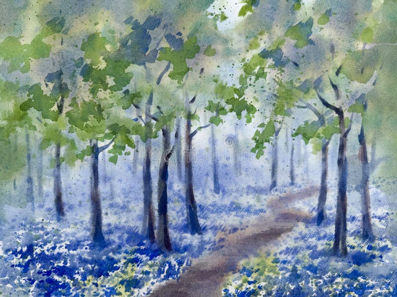 Forest in blue spring bloom watercolor background royalty free stock images
