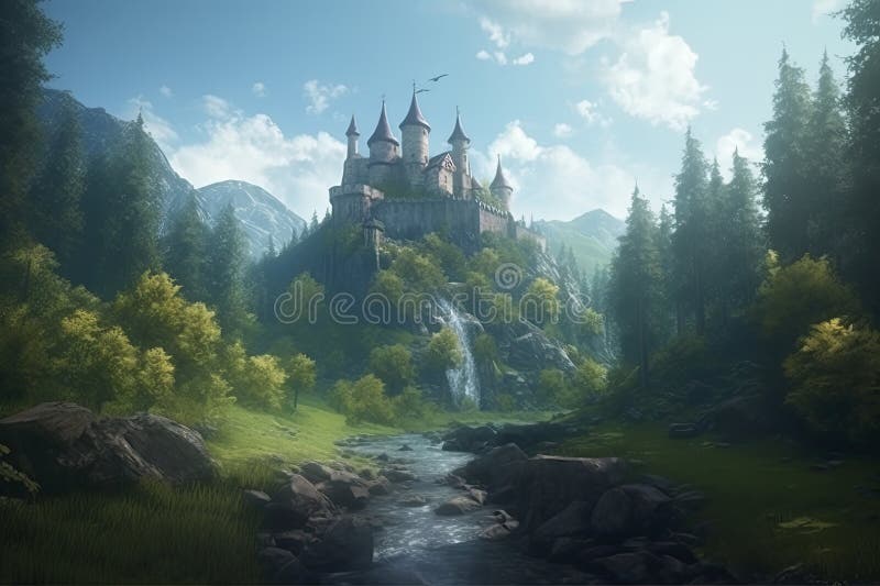 The Forest and Castle. Mountain and River Stock Image Image of scene