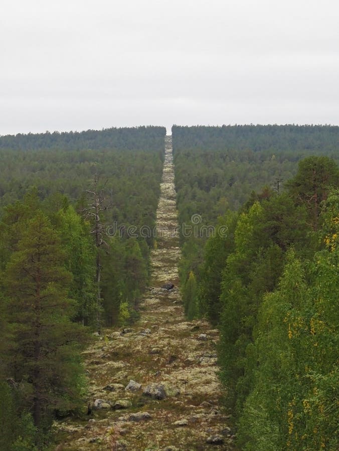 Forest corridor building the Three-Country Cairn on the border between Russia, Norway and Finland stock photography