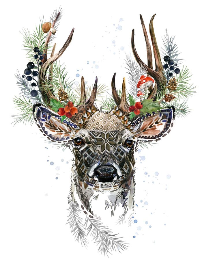 Forest deer watercolor illustration. Christmas reindeer. Winter greeting card design.