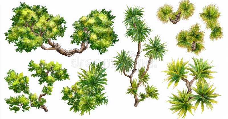 The forest is depicted from above in a 3D illustration with trees isolated on a transparent background and created with cg royalty free illustration