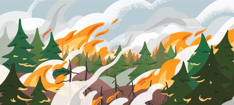 Forest fire flat vector illustration. Dangerous wildfire in Siberian taiga. Burning Russian woodland. Global warming