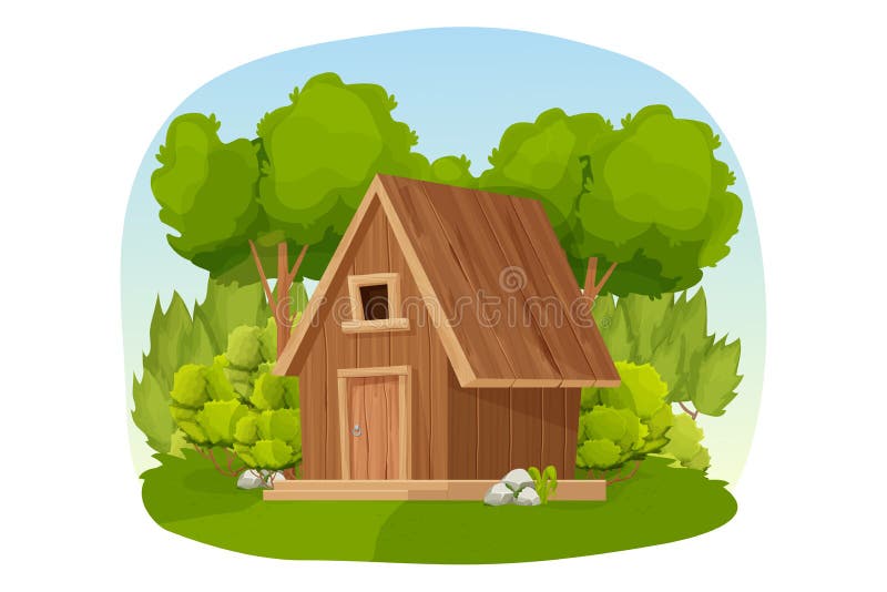 Forest hut, wooden house or cottage decorated with trees, grass and bush in cartoon style isolated on white background