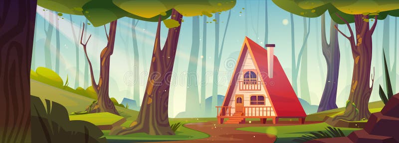 Forest hut, woodland house cartoon background