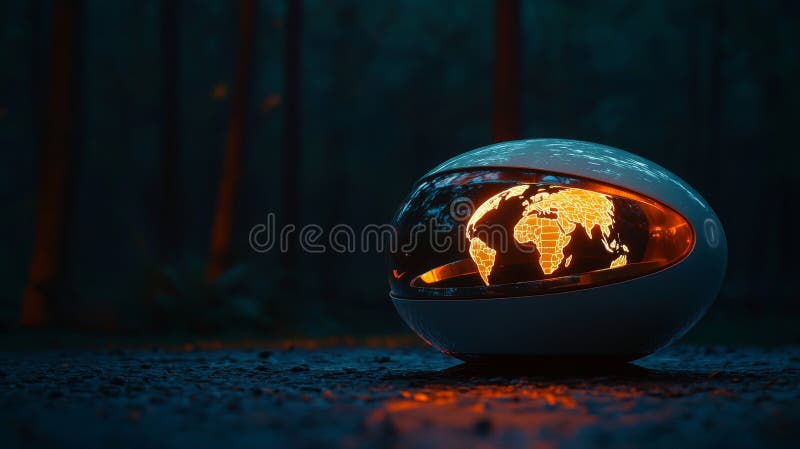 In a forest illuminated by a glowing explosion, a futuristic robotic device conceptualizes innovation and advanced stock images