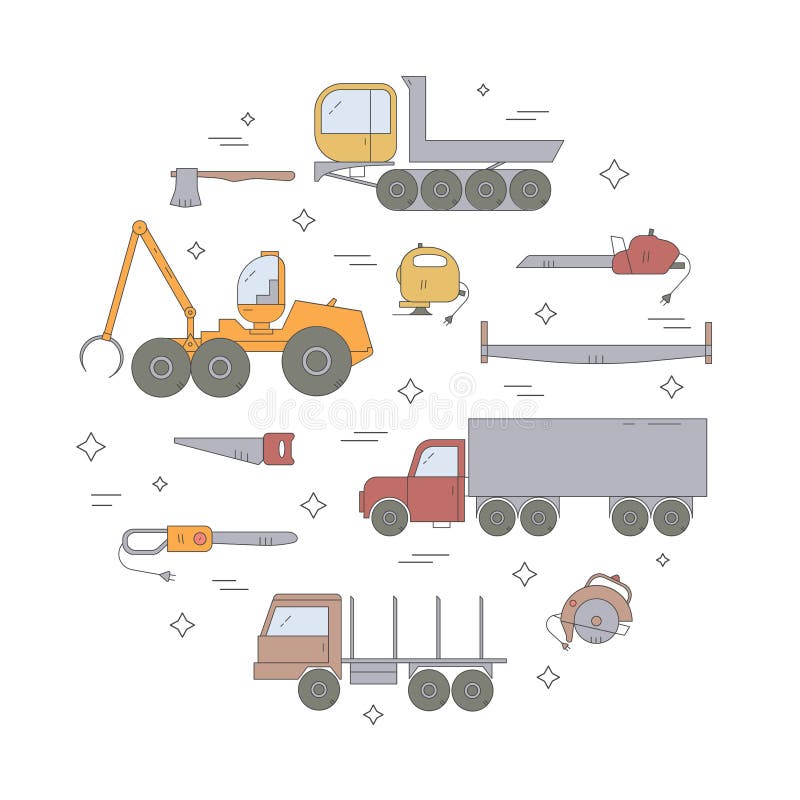Forest industry icon set. Logging equipment.