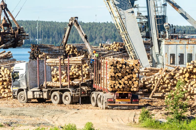 Forest industry. Operations for loading-unloading logging truck stock photos
