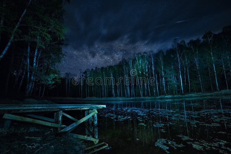 Forest lake and the starry sky at night.