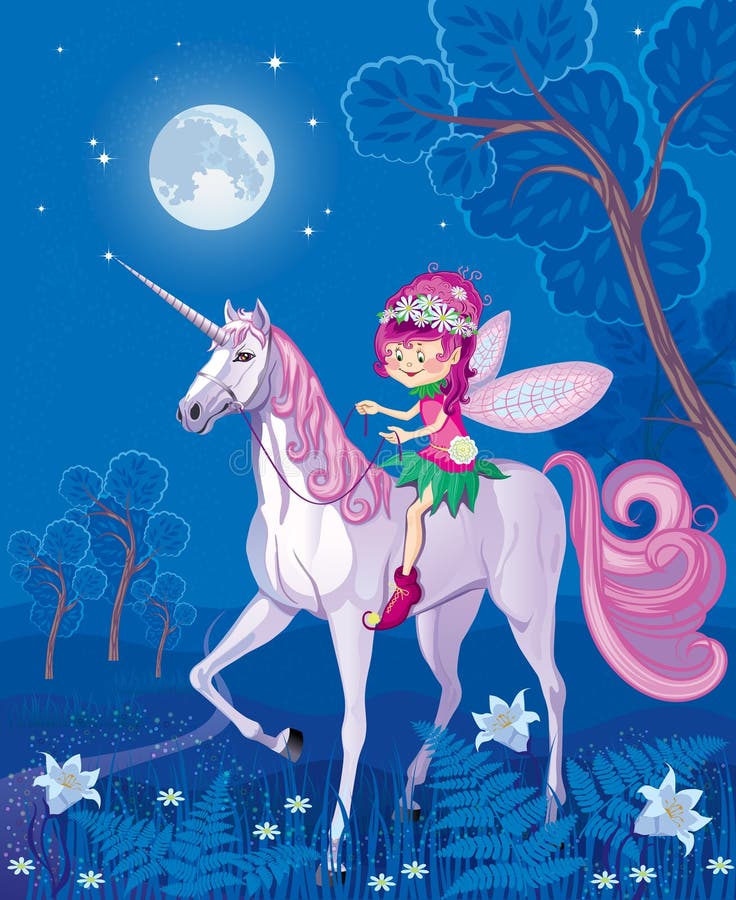 Forest Little Fairy Riding on a Unicorn Stock Illustration