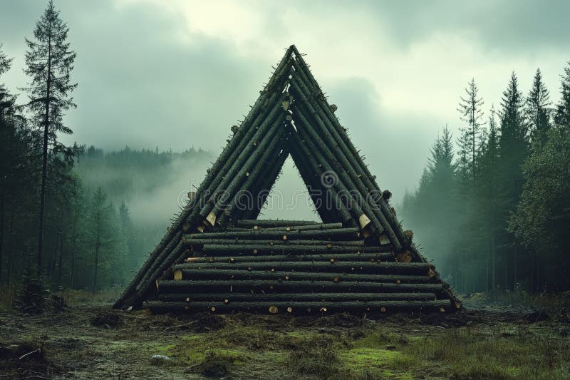 Forest logging site with pile of large trees, coniferous forest in the background. Timber wood industry, deforestation royalty free illustration