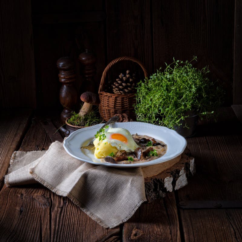 Forest Mushroom Sauce With Fresh Mushrooms, Potato And Poached E