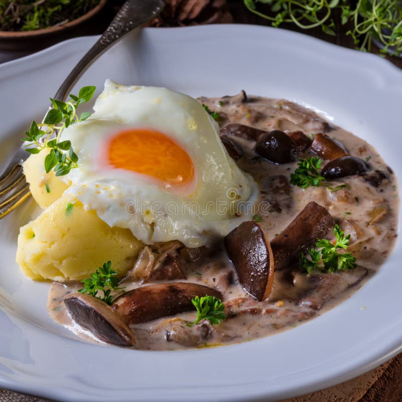 Forest Mushroom Sauce With Fresh Mushrooms, Potato And Poached E