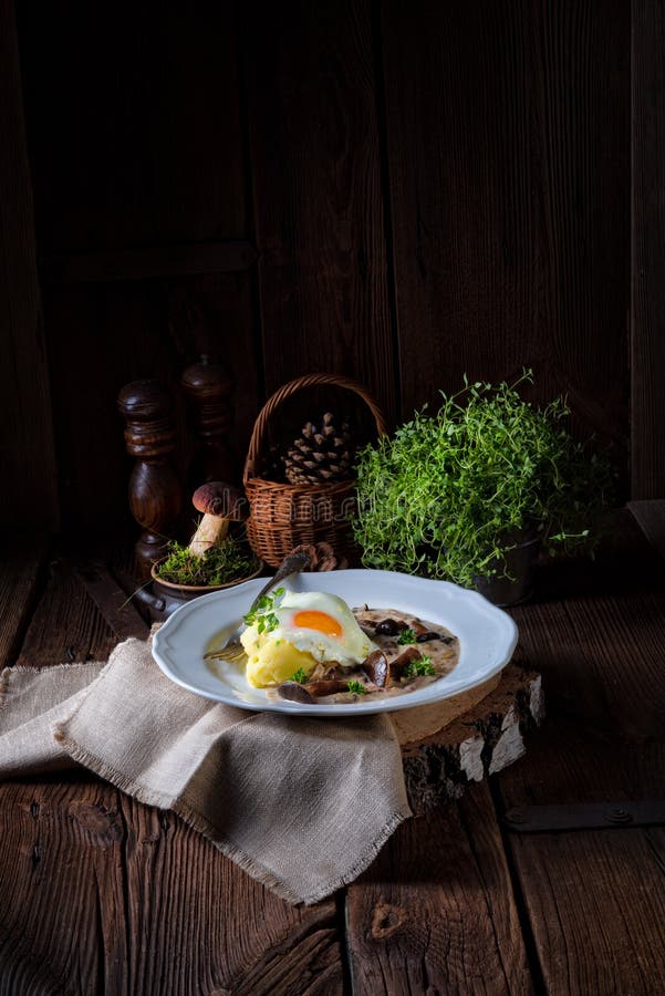 Forest Mushroom Sauce With Fresh Mushrooms, Potato And Poached E