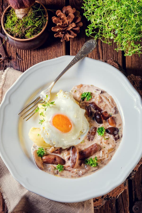 Forest Mushroom Sauce With Fresh Mushrooms, Potato And Poached E