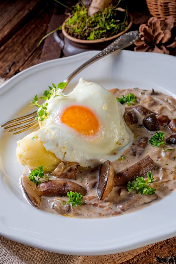 Forest Mushroom Sauce With Fresh Mushrooms, Potato And Poached E