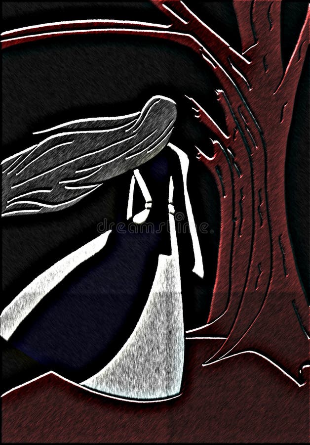 Woman walking in a Forest at night, color, art. vector illustration