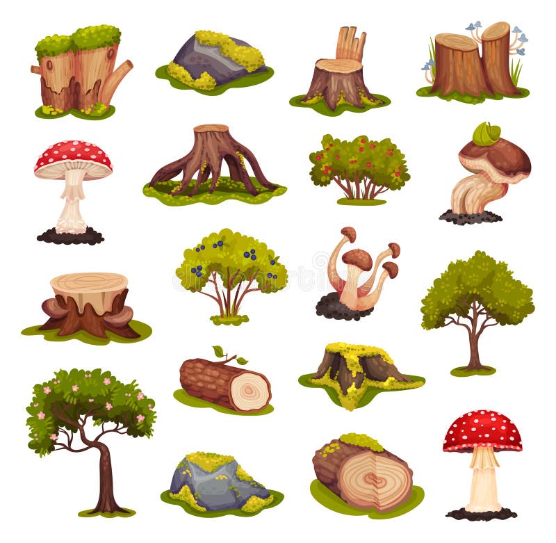 Forest Objects with Tree, Stump, Bush, Mushroom and Mossy Stone Big Vector Set vector illustration