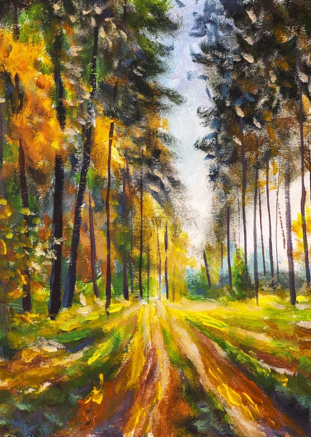 Forest Oil painting. Amazing autumn spring forest in morning sunlight. Green and yellow leaves on trees in woodland. Hand painted  park alley landscape artwork. Forest Oil painting. Amazing autumn spring forest in morning sunlight. Green and yellow leaves on trees in woodland. Hand painted  park alley landscape artwork
