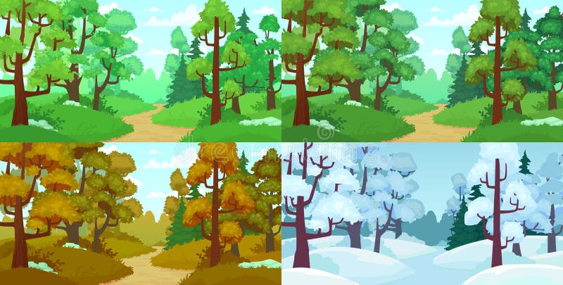 Forest path. Spring and summer trees, autumn leaves and winter forest trees. Four seasons landscape cartoon vector.