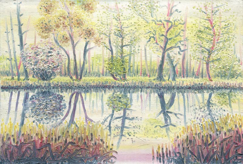 Forest pond in spring. Oil painting on canvas stock illustration Forest pond in spring. Oil painting on canvas stock illustration