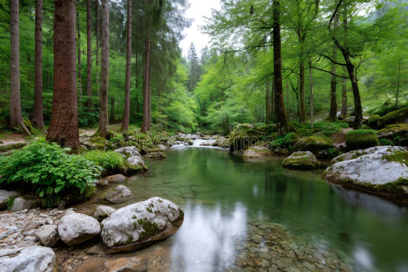 Forest river flowing through lush green woods stock illustration