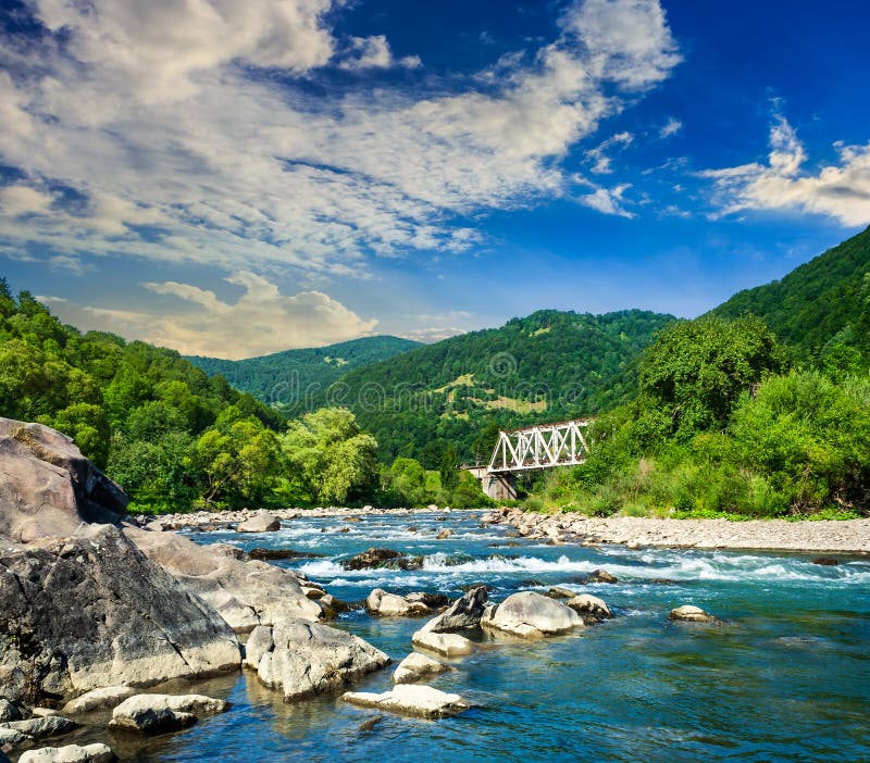 Forest river with stones and bridge