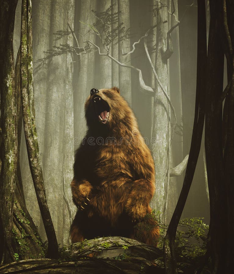 Brown grizzly bear in magical forest